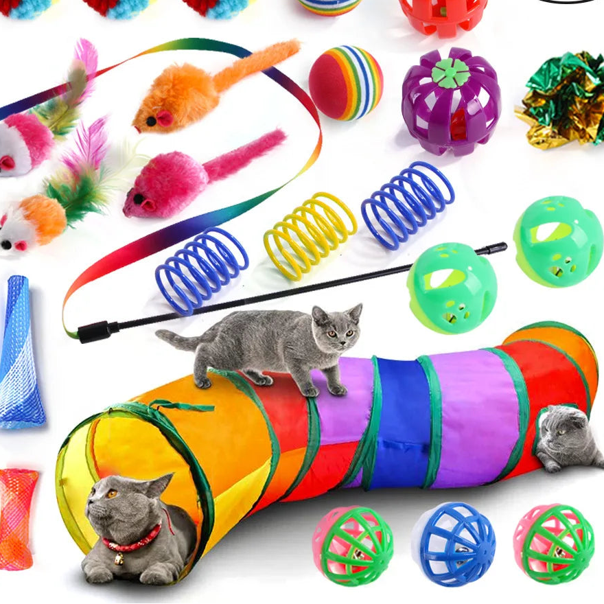 Assorted cat toys including a tunnel, balls, and springs with a cat interacting with the toys on a white background.