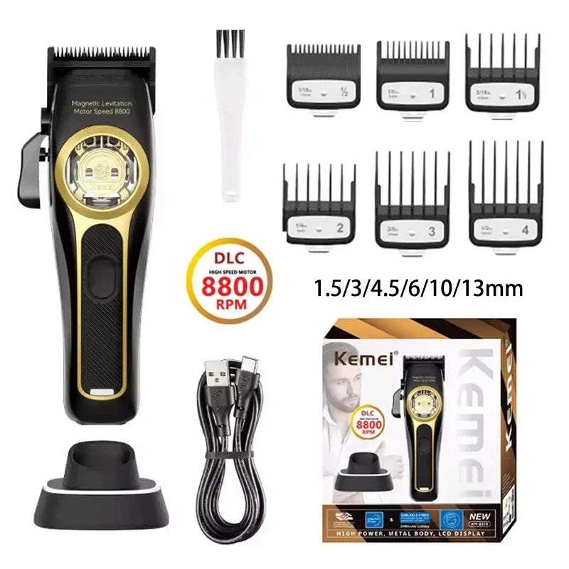 Hair trimmer set with attachments and packaging on a white background