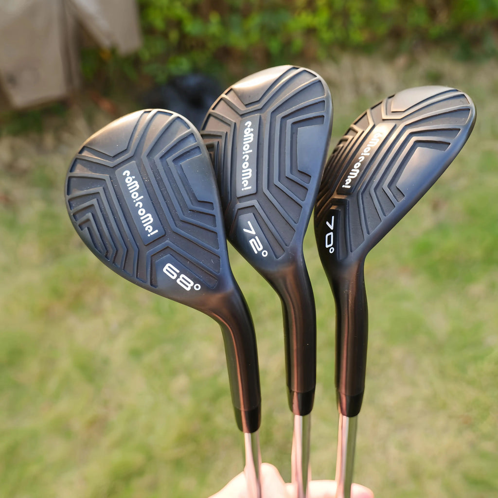 high loft golf wedge UK - Three golf club heads held together with a blurred green background