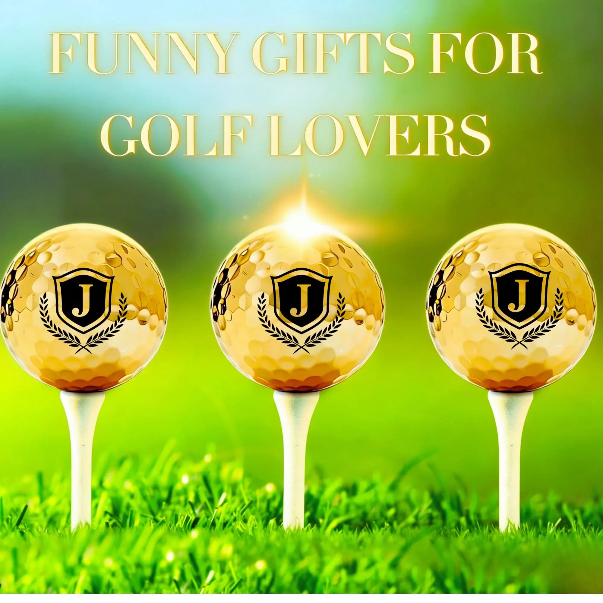 Three gold golf balls with a logo on a grass background, labeled 'Funny Gifts for Golf Lovers'.