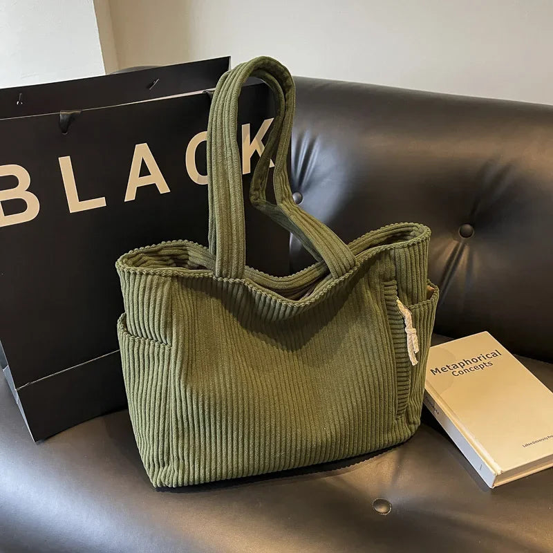 Fashion Striped Velvet Corduroy Shoulder Bag Large Capacity Tote Handbag