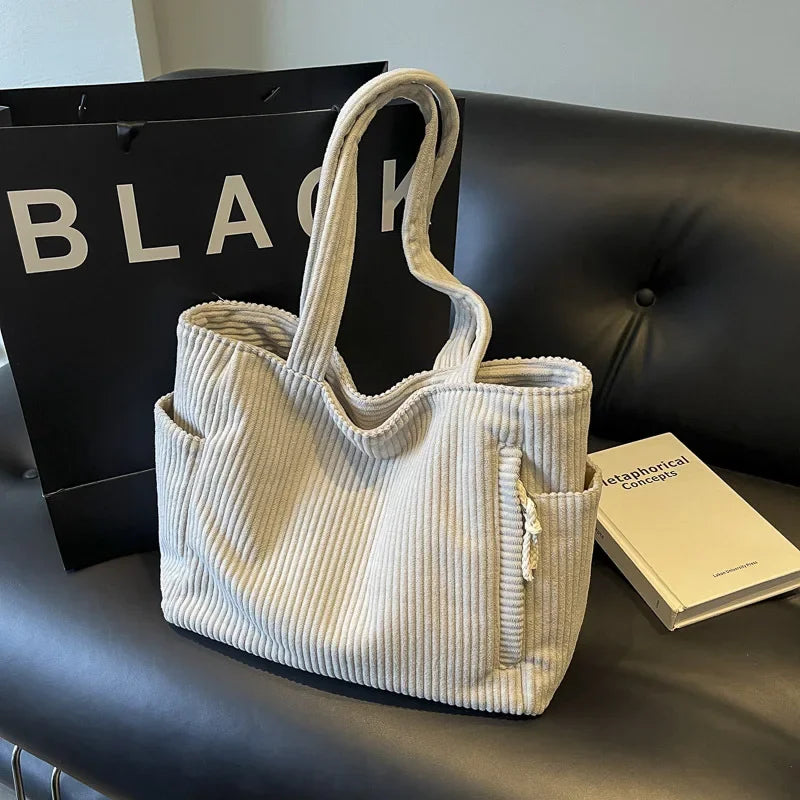 Fashion Striped Velvet Corduroy Shoulder Bag Large Capacity Tote Handbag