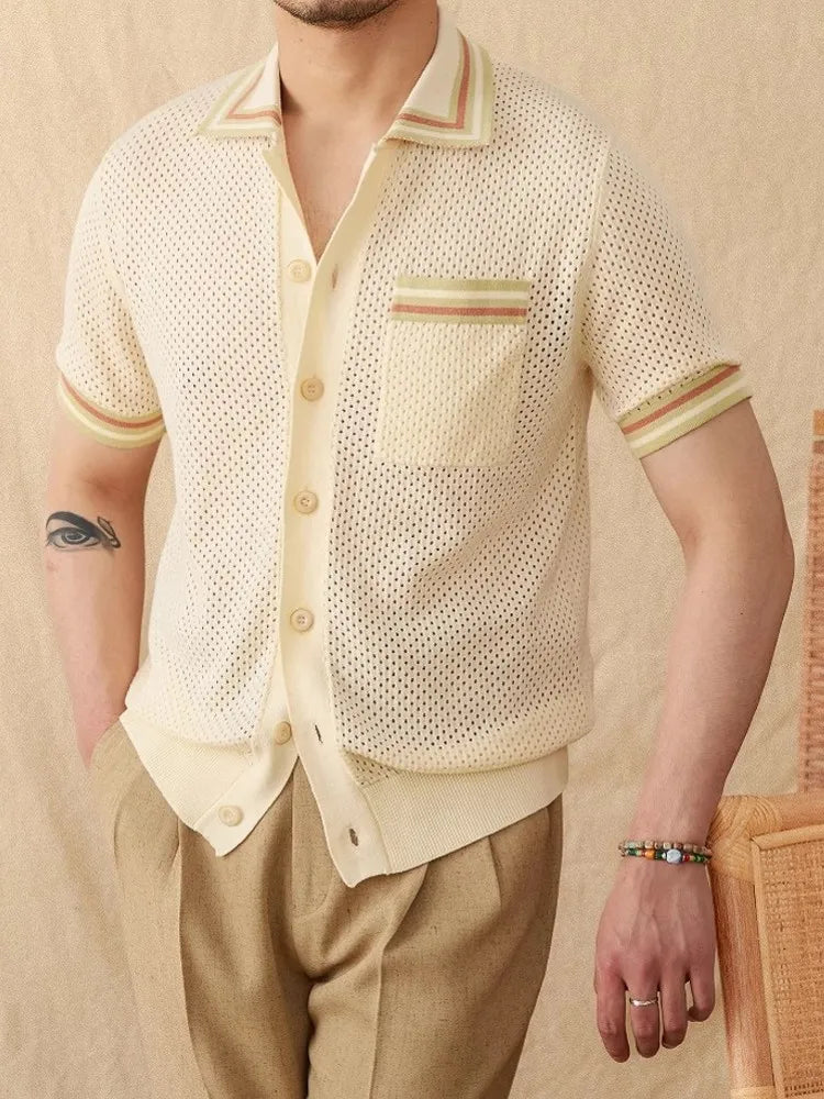Summer Men's Breathable Hollow Out Knitted Shirt Business Casual
