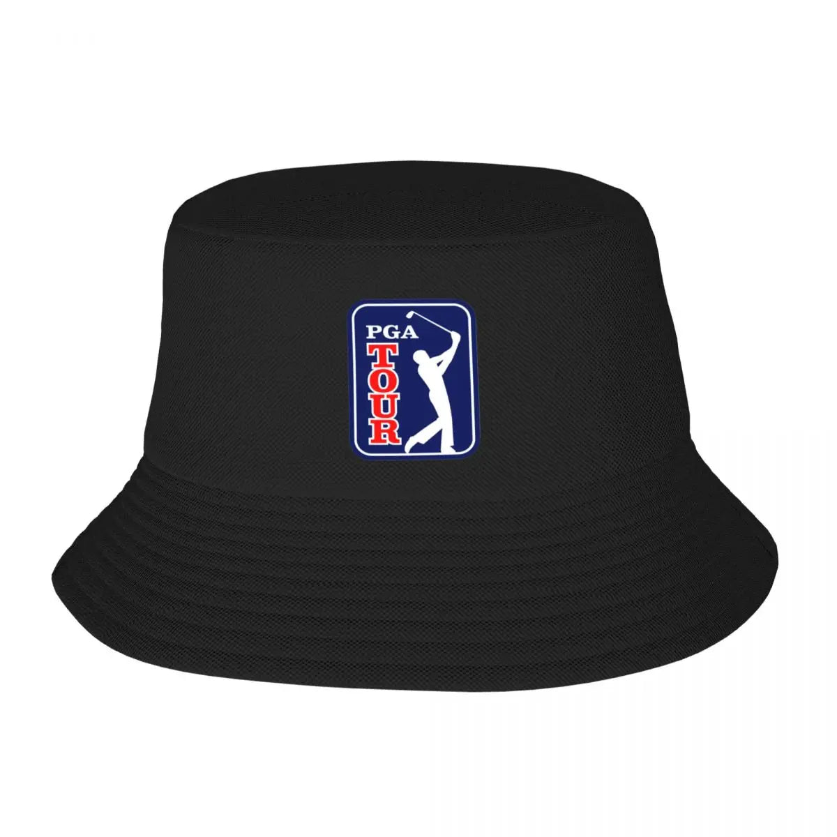 Black golf bucket hat UK with PGA Tour logo on a white background