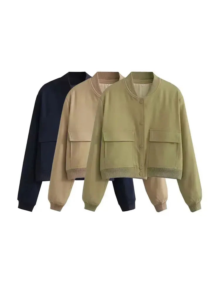 Women Fashion Bomber Jacket With Pockets Casual Vintage Outerwear Coat