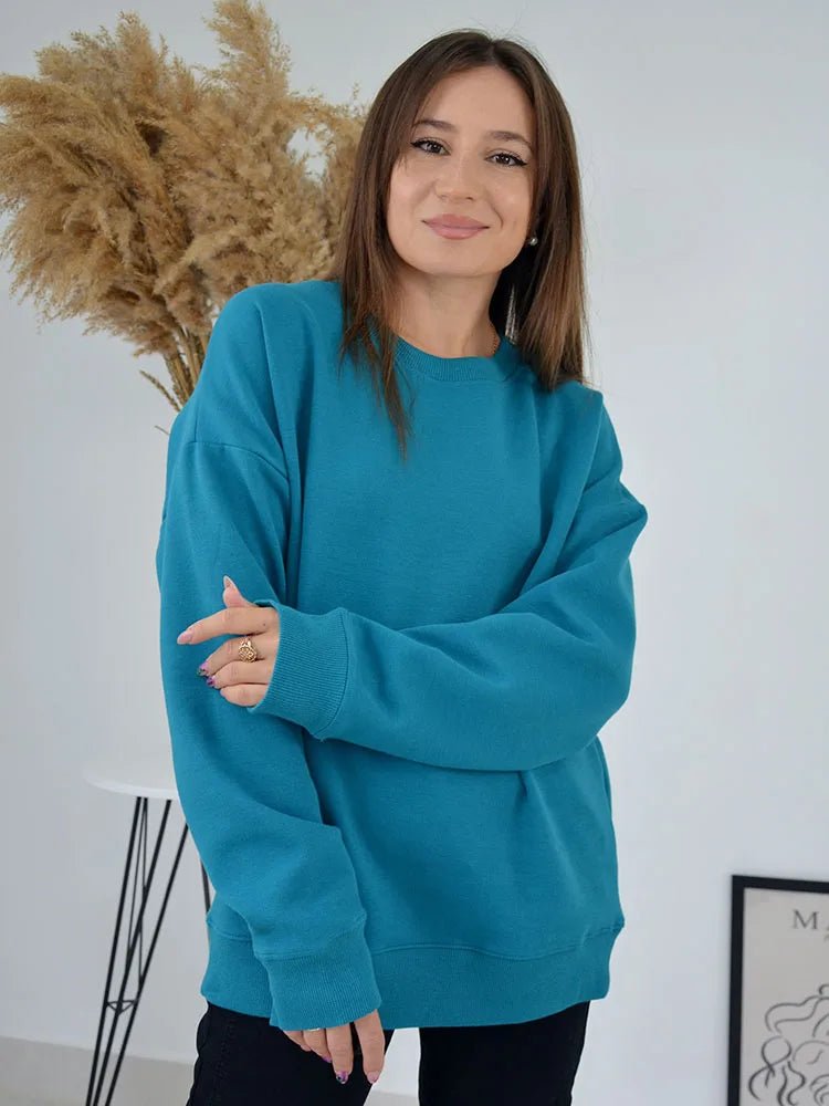 Blue Cotton Sweatshirts Oversize Women O Neck Loose Pullovers Long Sleeve.