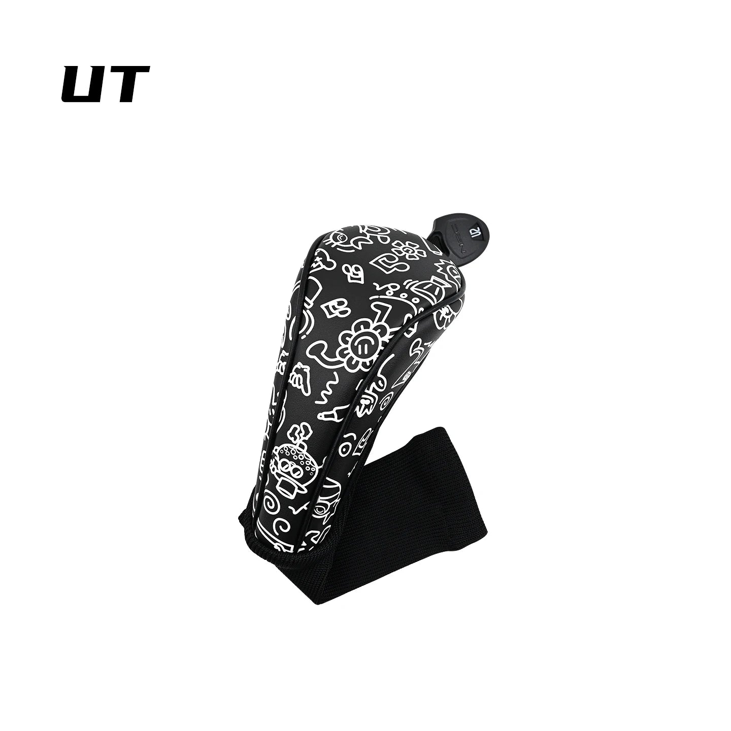 golf club head covers Uk black with a white graffiti-style pattern, shown on a plain white background with a black 'UT' logo in the top-left corner.