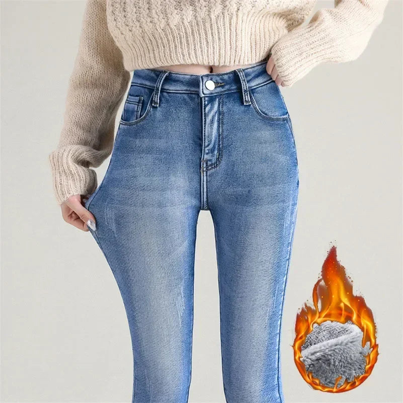 Women’s Thermal Skinny Fleece Jeans – Winter Warm Stretch Denim - Adistore