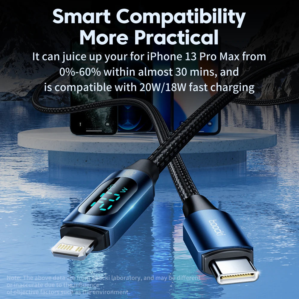 Two charging cables with digital display on a reflective water surface background