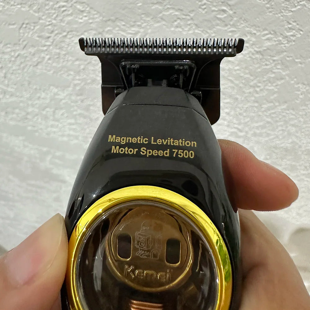 Hair trimmer with 'Magnetic Levitation Motor Speed 7500' text held by a hand against a white background.