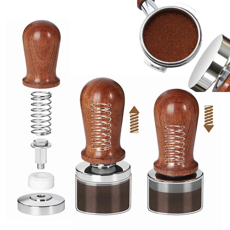 Wooden coffee tampers with springs and a spring washer on a white background