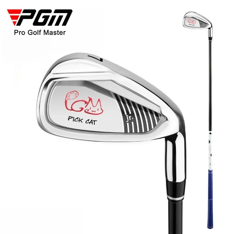 Junior golf club UK - A PGM Pick Cat Jr. golf iron shown from the back of the club head, with a second view of the full club and shaft on the right.