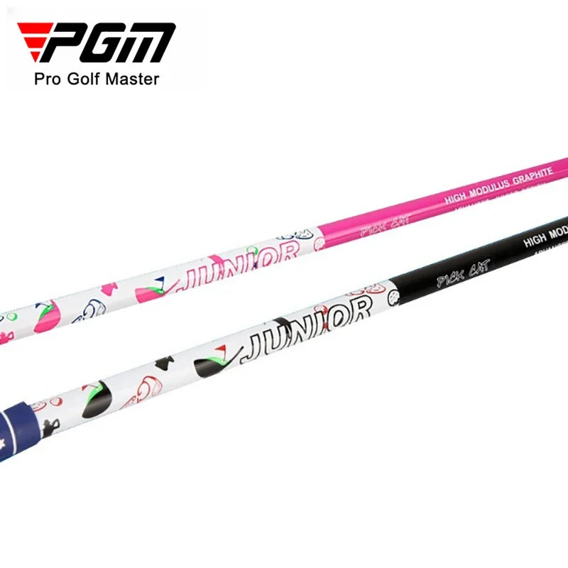 Two PGM Junior golf club UK shafts shown diagonally on a white background, one in pink and one in black, both with colorful graphic patterns and 'JUNIOR' branding. The PGM logo is visible in the top left corner.