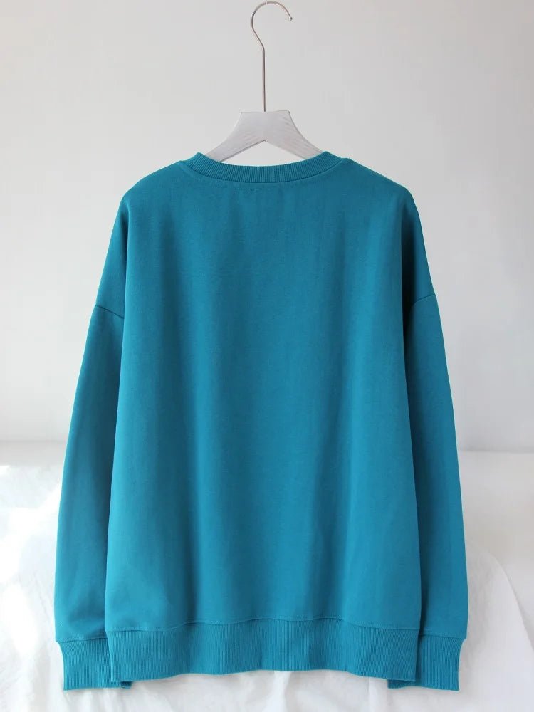 Blue Cotton Sweatshirts Oversize Women O Neck Loose Pullovers Long Sleeve.