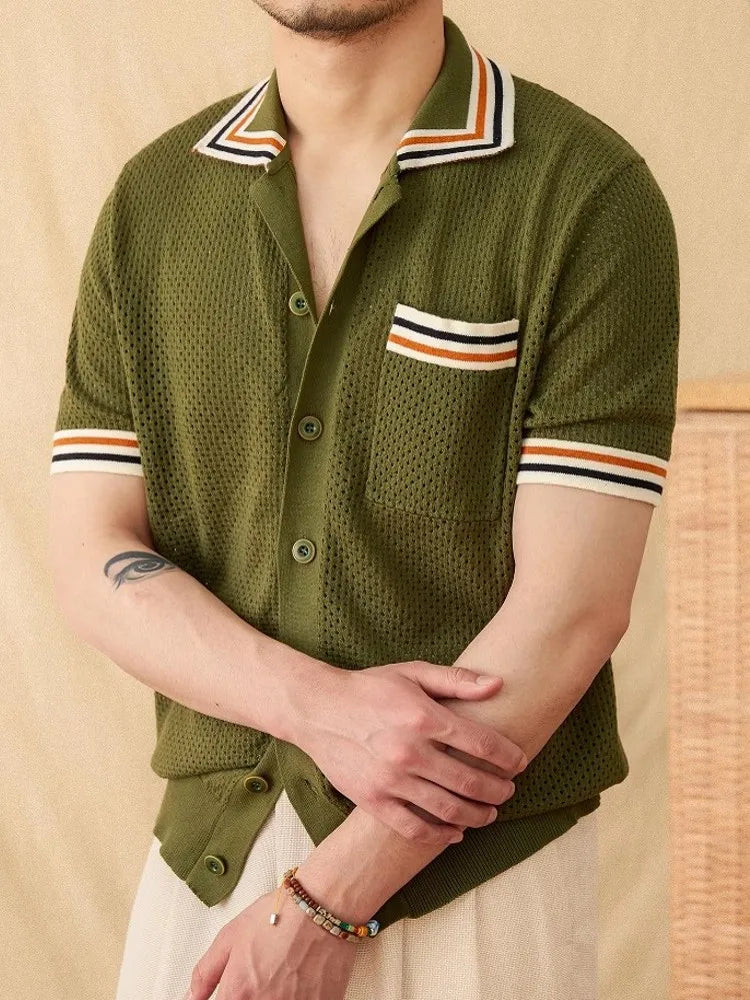 Summer Men's Breathable Hollow Out Knitted Shirt Business Casual