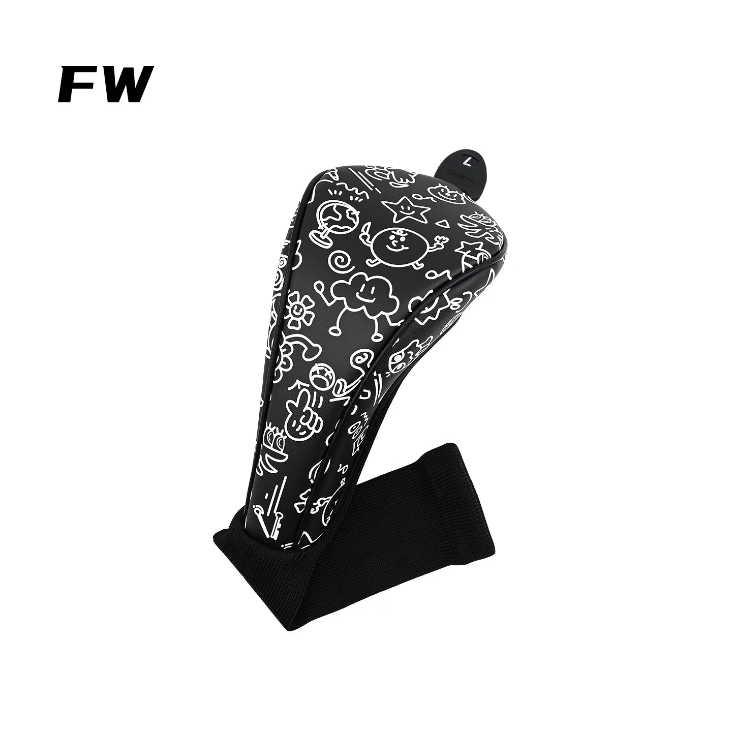 golf club head covers UK  - A black manual gear shift cover with a white doodle pattern, shown on a plain white background with a black 'FW' logo overlay in the top-left corner.