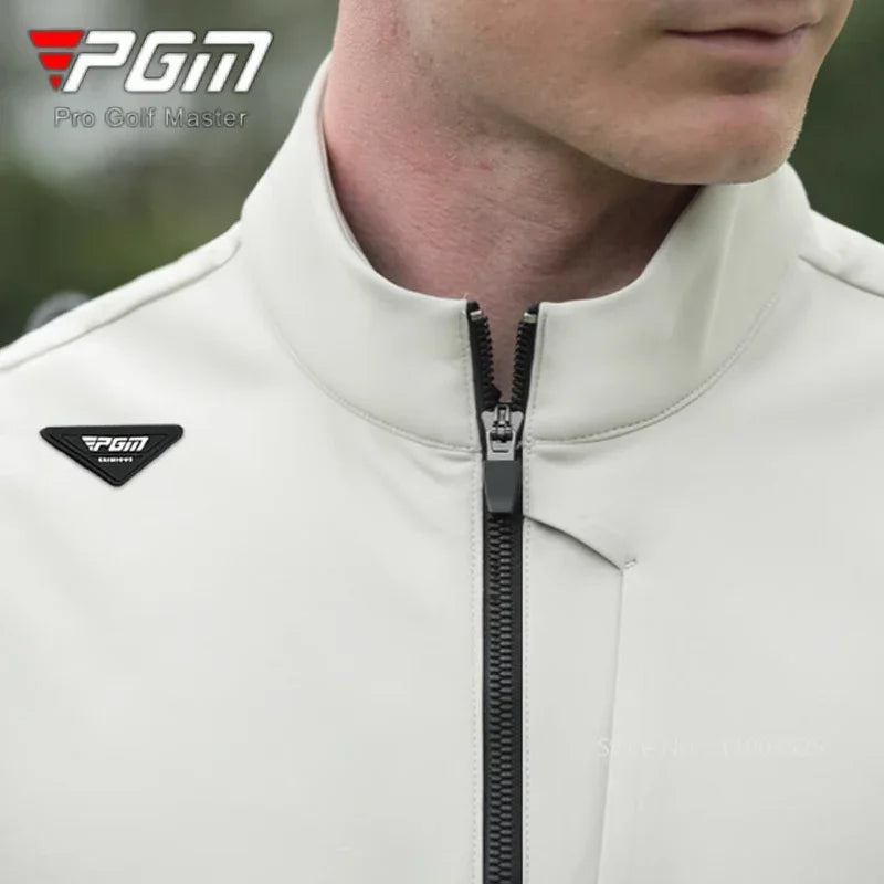 golf gilet UK - Close up of a man wearing white vest with PGM logo on black triangle.