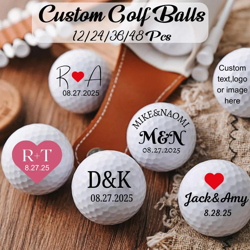 personalised golf balls UK - Six white golf balls with custom printed names, dates, and heart/logo designs arranged on a wooden surface with a brown strap and burlap. Text at the top reads 'Custom Golf Balls 12/24/36/48 Pcs' and one ball shows a pink heart logo with 'R+T'.