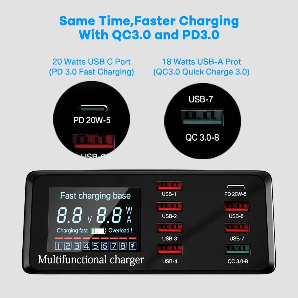ASOMETECH 100W 8 Ports USB Fast Charger Station With Wireless Charging Digital Display QC3.0 PD3.0 Phone Charger For iPhone 17