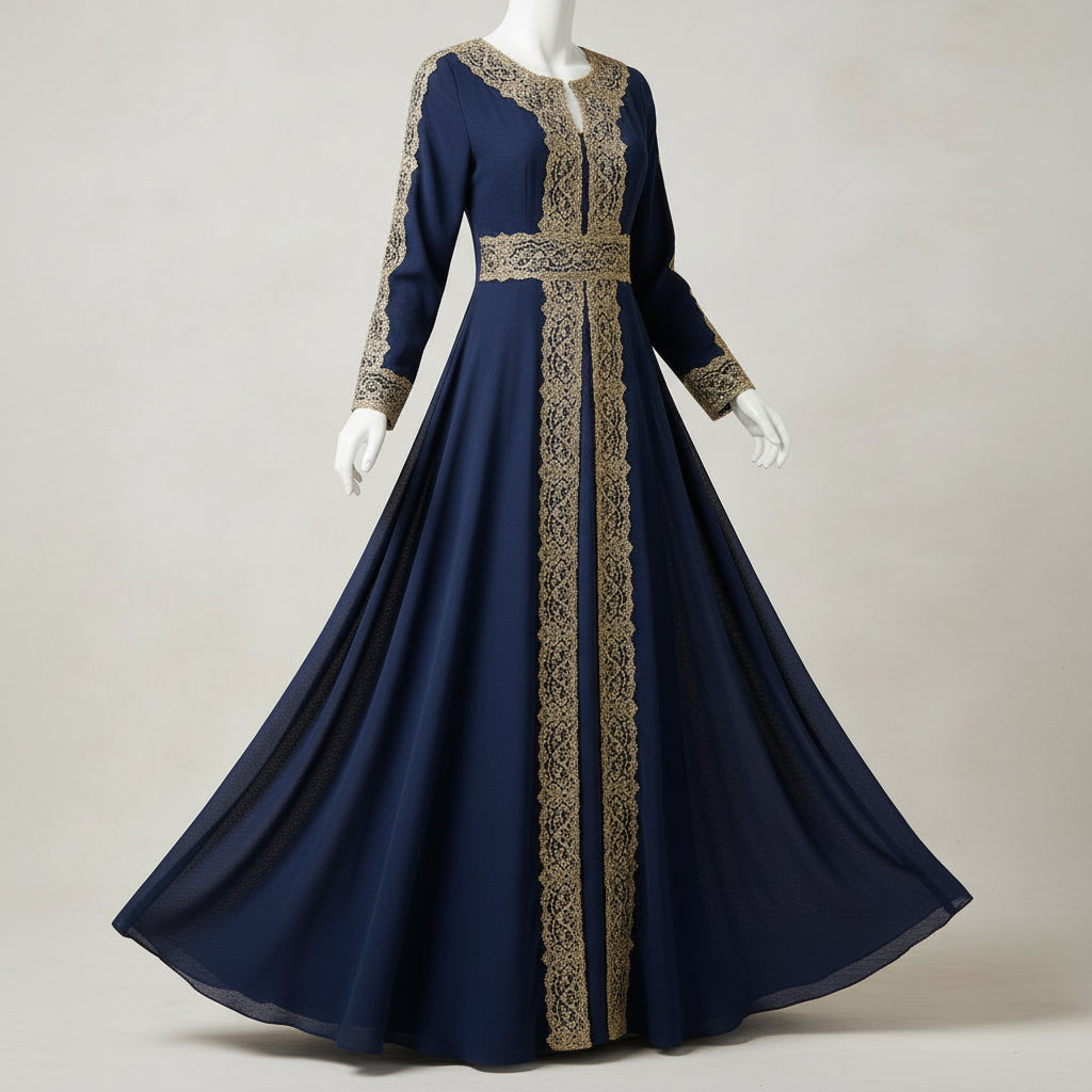 Navy blue dress with gold lace details on a mannequin against a neutral background