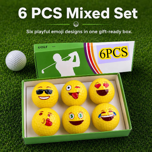 
funny emoji golf balls -
A golf-themed gift set showing six yellow golf balls printed with different emoji faces, displayed in an open green box on artificial grass. A closed matching box and a single golf ball sit behind it.