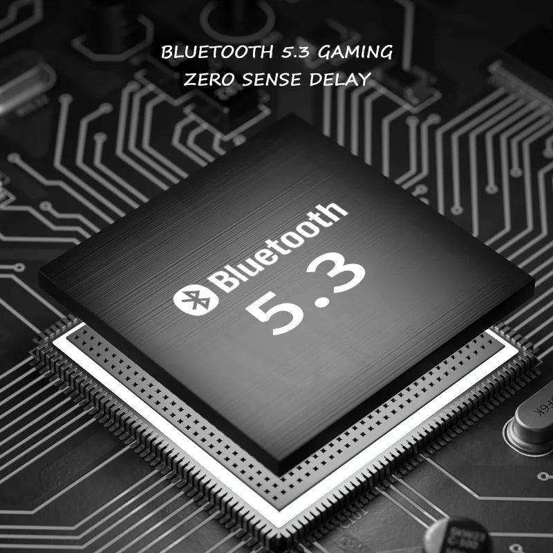 Close-up of a Bluetooth 5.3 chip on a circuit board with text about gaming and delay.