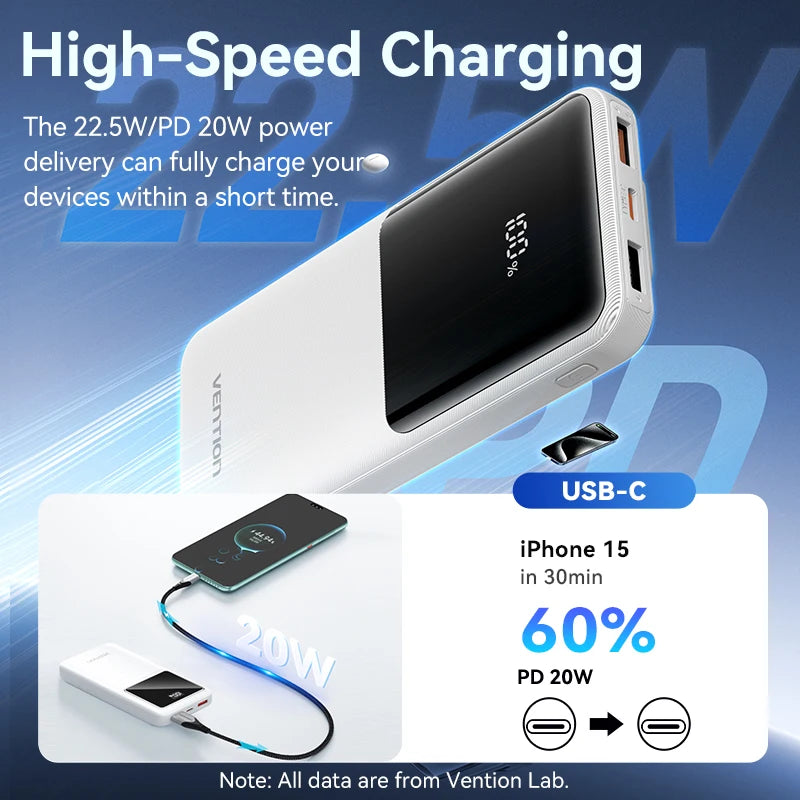 Vention CCC 22.5w 10000mAh Power Bank Built-in USB-C Cable Portable Fast Charger for iPhone