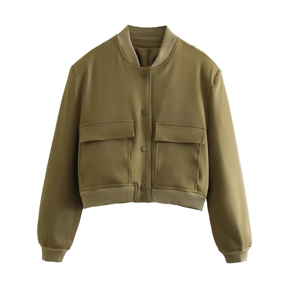 Women Fashion Bomber Jacket With Pockets Casual Vintage Outerwear Coat