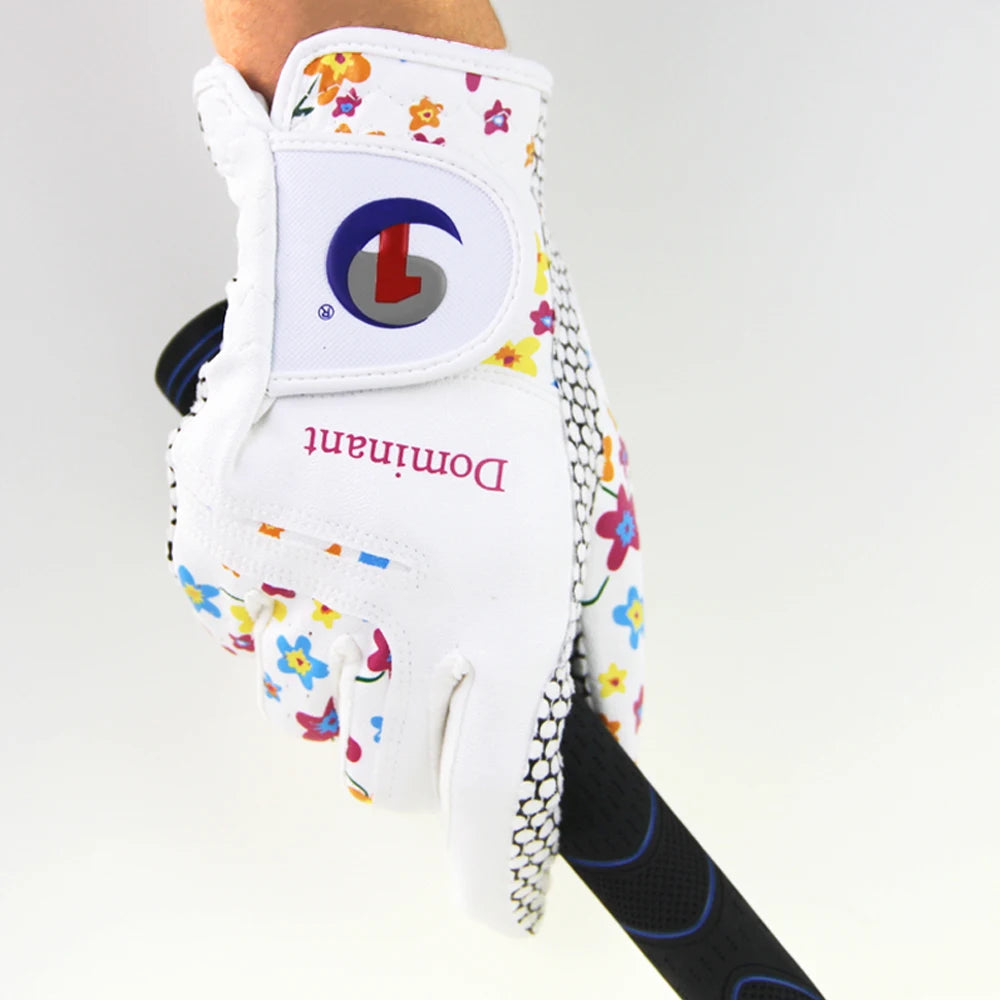 Women's golf gloves UK with colorful design and brand logo on a white background