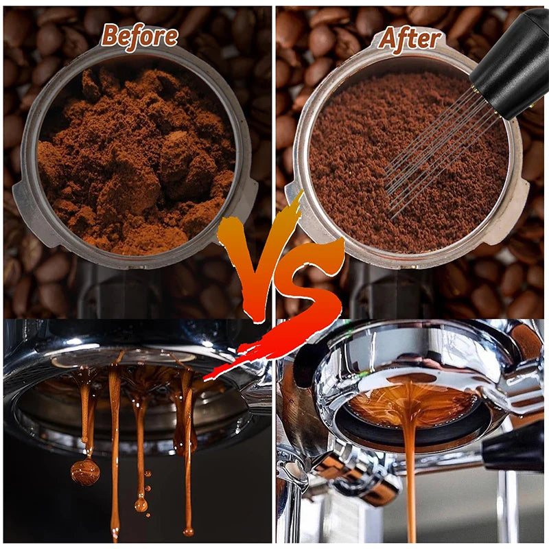 Before and after comparison of coffee grounds with a whisk and espresso extraction process.