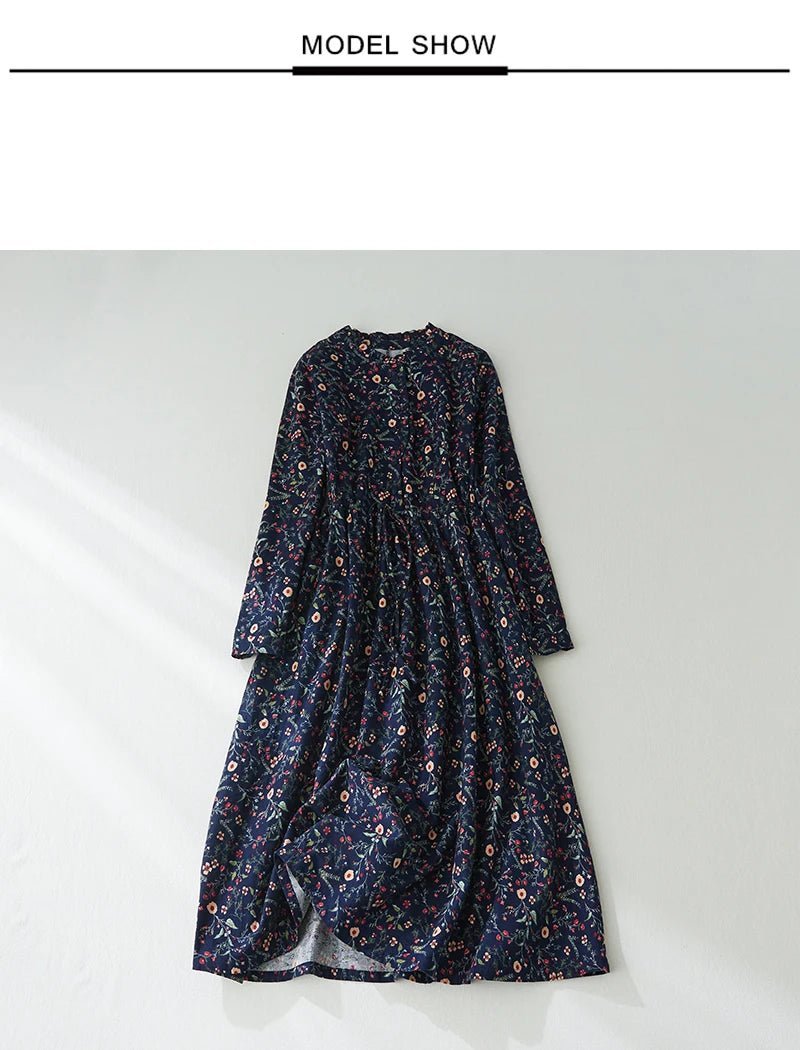 Vintage Cotton Print Dress for Women | Spring Autumn Casual Wear - Adistore