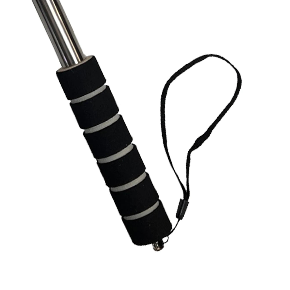 Black and gray striped selfie stick with a lanyard on a white background