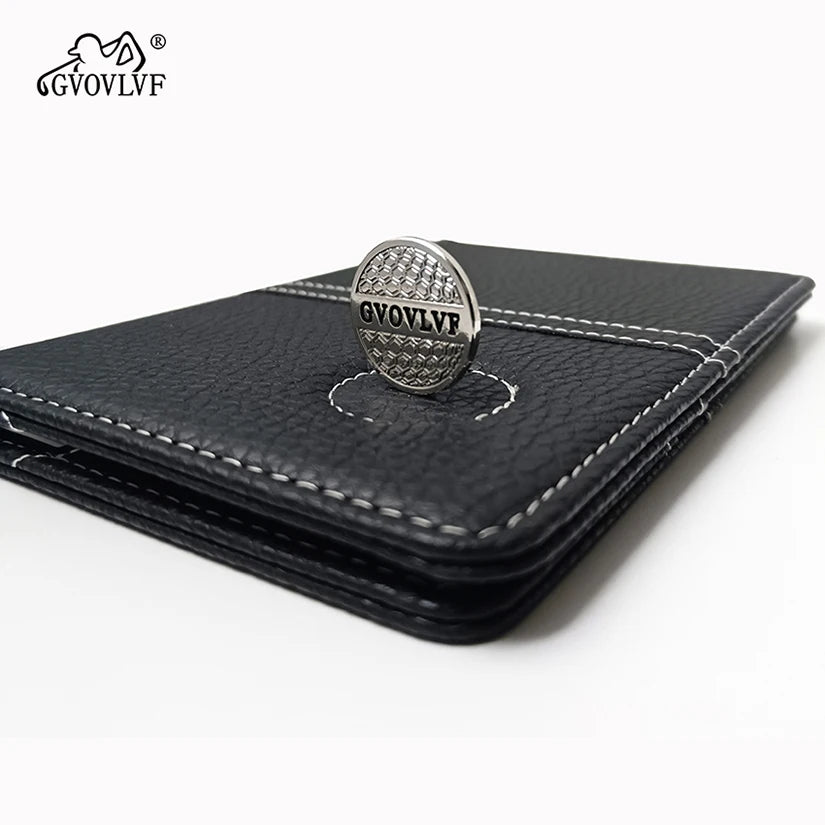 Golf scorecard holder UK - Black leather wallet with a metallic emblem featuring 'GVOVLVF' on a white background.