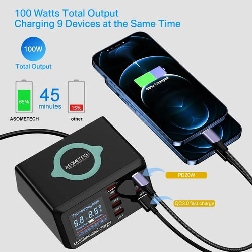 ASOMETECH 100W 8 Ports USB Fast Charger Station With Wireless Charging Digital Display QC3.0 PD3.0 Phone Charger For iPhone 17
