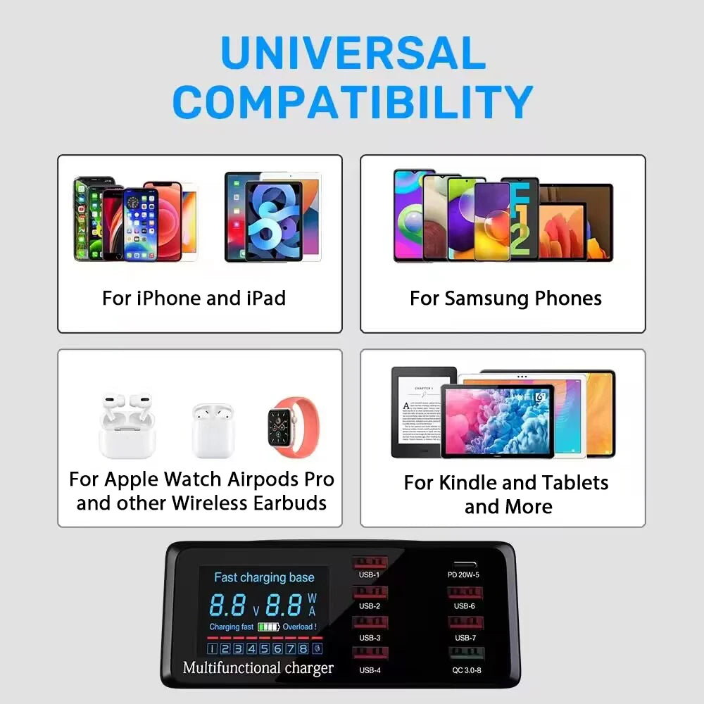 ASOMETECH 100W 8 Ports USB Fast Charger Station With Wireless Charging Digital Display QC3.0 PD3.0 Phone Charger For iPhone 17