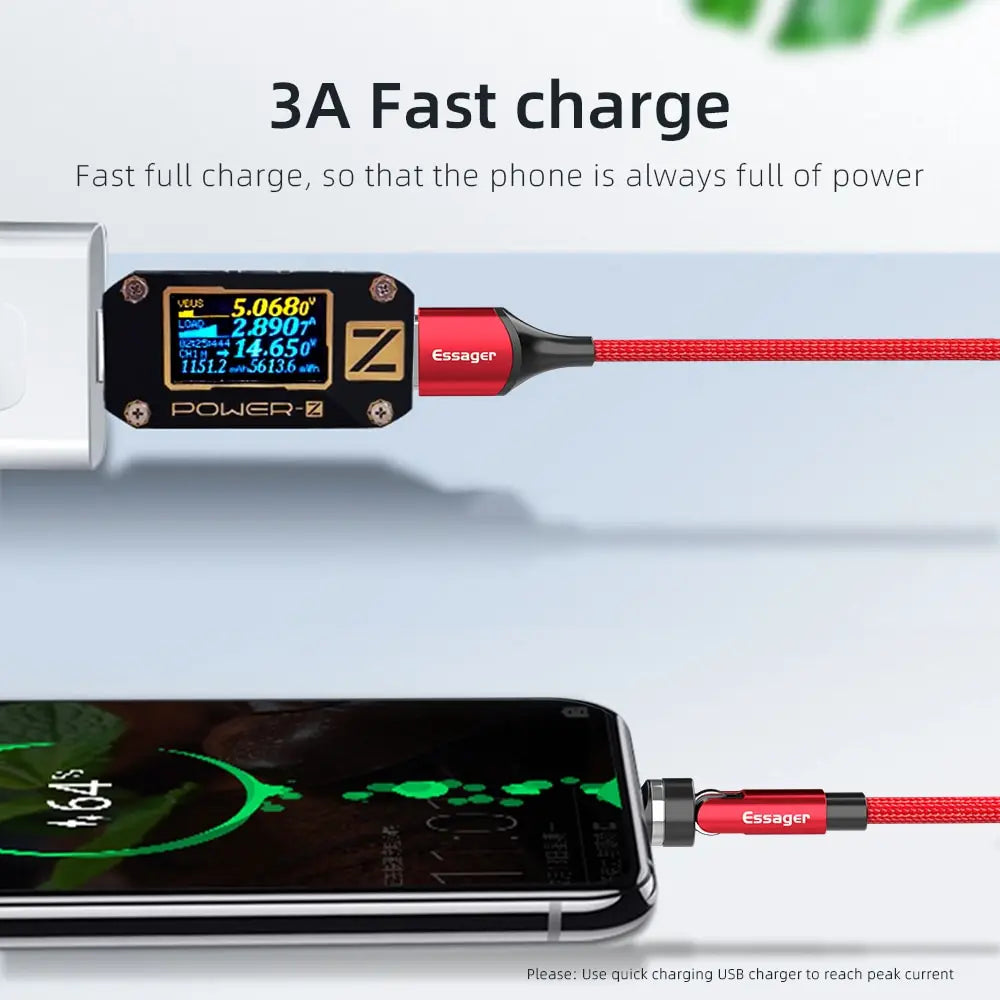Digital power meter showing 3A fast charge for a smartphone on a light gray background.