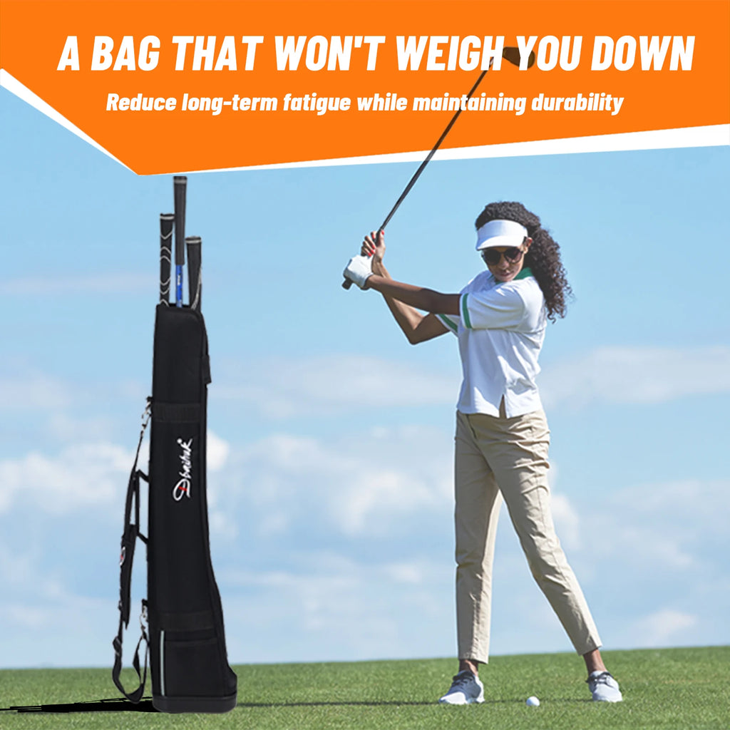 golf gun bag UK - A black golf bag standing on grass next to a woman in a white shirt and khaki pants swinging a golf club on an outdoor golf course. An orange text banner at the top reads, 'A BAG THAT WON'T WEIGH YOU DOWN Reduce long-term fatigue while maintaining durability.