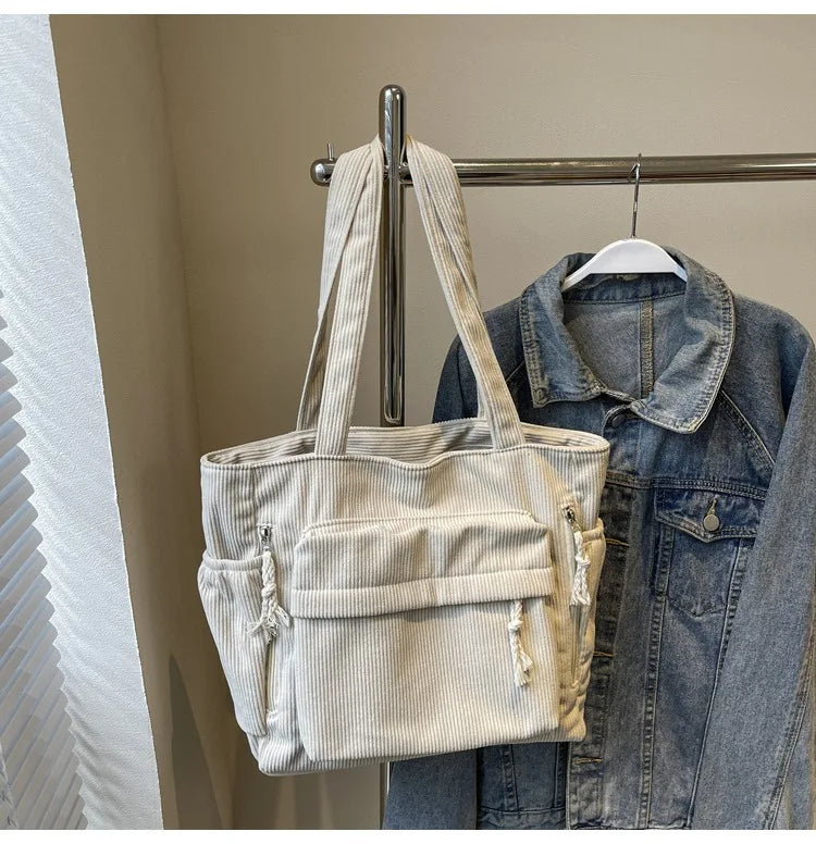 Multi-Pocket Corduroy Women’s Shoulder Tote Bag