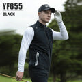  - golf gilet UKMan in golf attire with a black cap and vest on a blurred green background