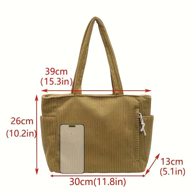 Large Capacity Corduroy Handbag – Casual Shoulder Bag with Zipper