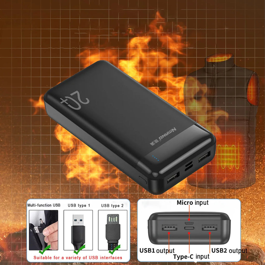 20000mAh Power Bank 5V 2A Portable Charger for Heated Vest Jacket Power Bank for Xiaomi Mi iPhone 16 Air Conditioning Clothing