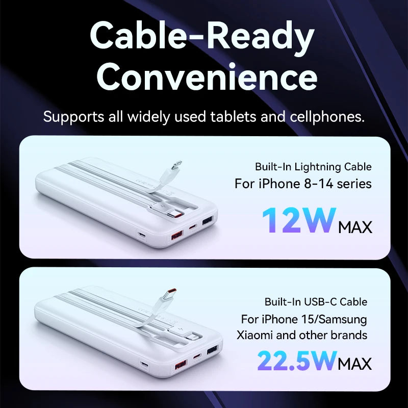 Vention CCC 22.5w 10000mAh Power Bank Built-in USB-C Cable Portable Fast Charger for iPhone
