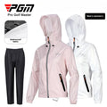 Two hooded jackets, one pink and one white, with waterproof fabric feature and PGM branding.