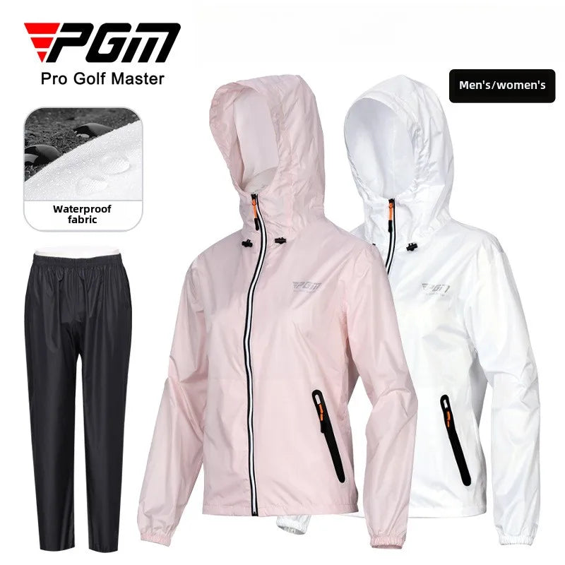 Two hooded jackets, one pink and one white, with waterproof fabric feature and PGM branding.