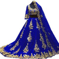 Arabic Muslim Blue Half-Sleeve Wedding Dress with Cape Veil - Adistore