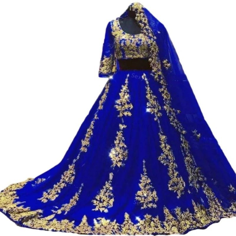 Arabic Muslim wedding dress in blue, featuring half-sleeves and an elegant cape veil. 