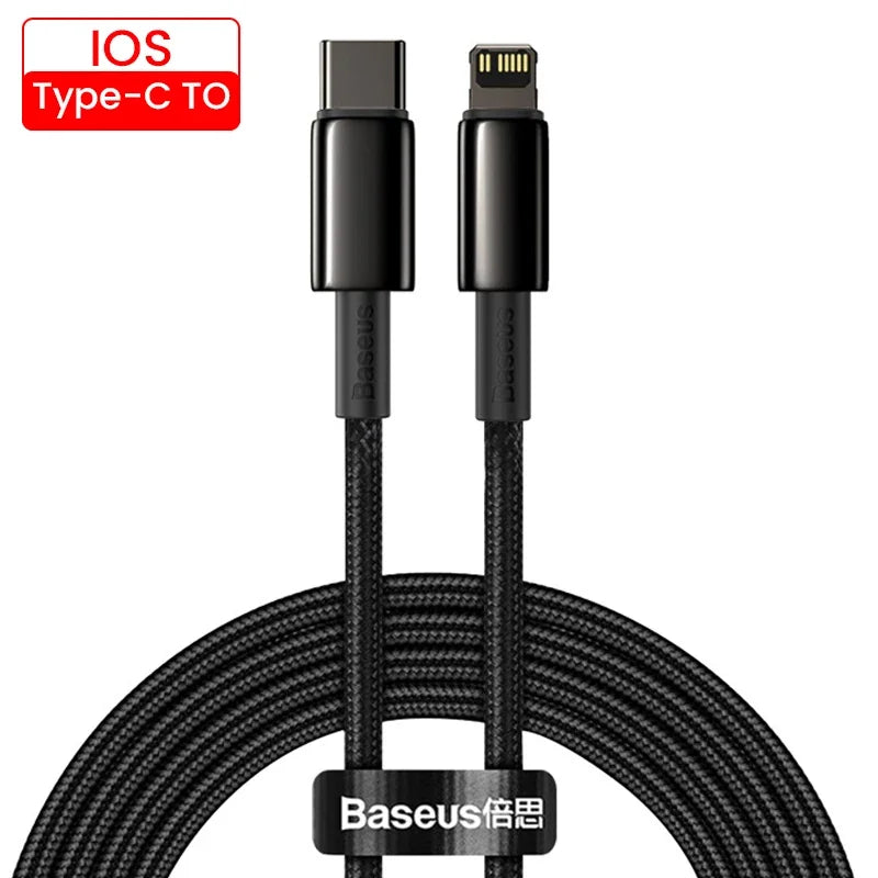 Black Baseus cable with Type-C and Lightning connectors on a white background