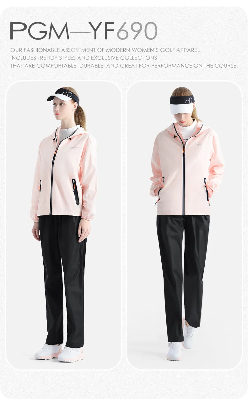 Two women wearing pink jackets and black pants with visors on a white background.