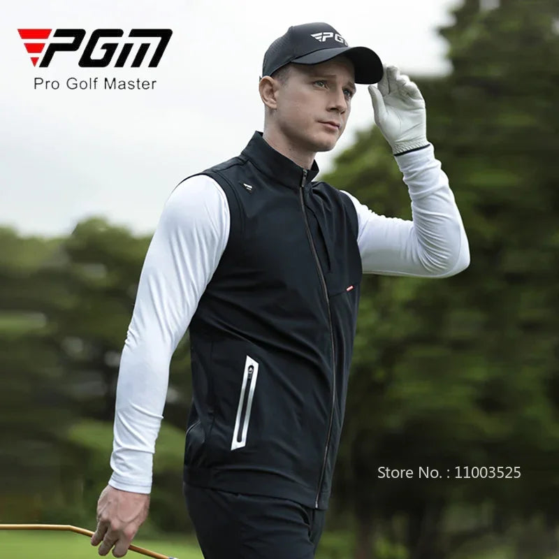 golf gilet UK - Man in golf attire with 'PGM Pro Golf Master' logo on a blurred golf course background