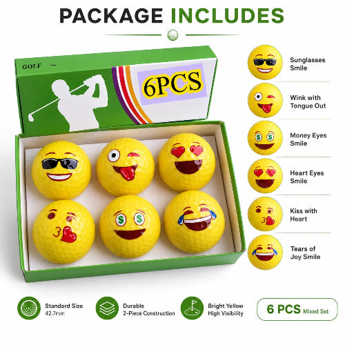 
funny emoji golf balls -
A package of 6 novelty golf balls with emoji faces, shown in a green box with a 'PACKAGE INCLUDES' header and smiley face illustrations on the right.